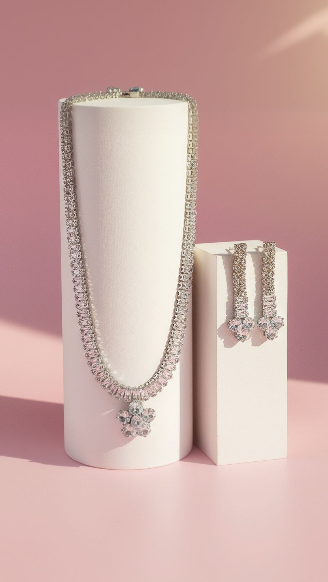 Flower Baguette Cut Crystal Necklace & Earrings Set