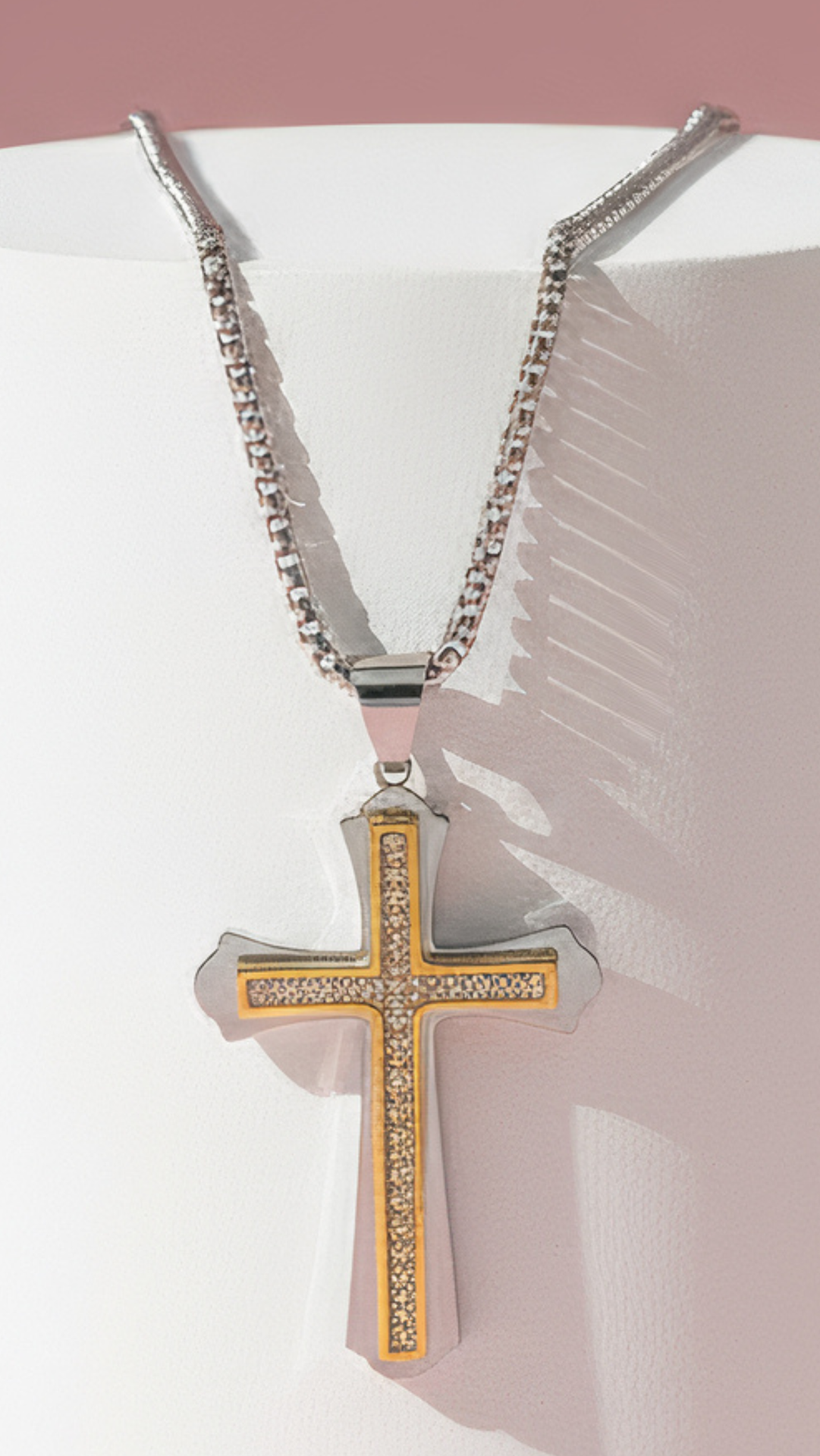 Waterproof Two Tone Stainless Steel Crystal Cross Necklace