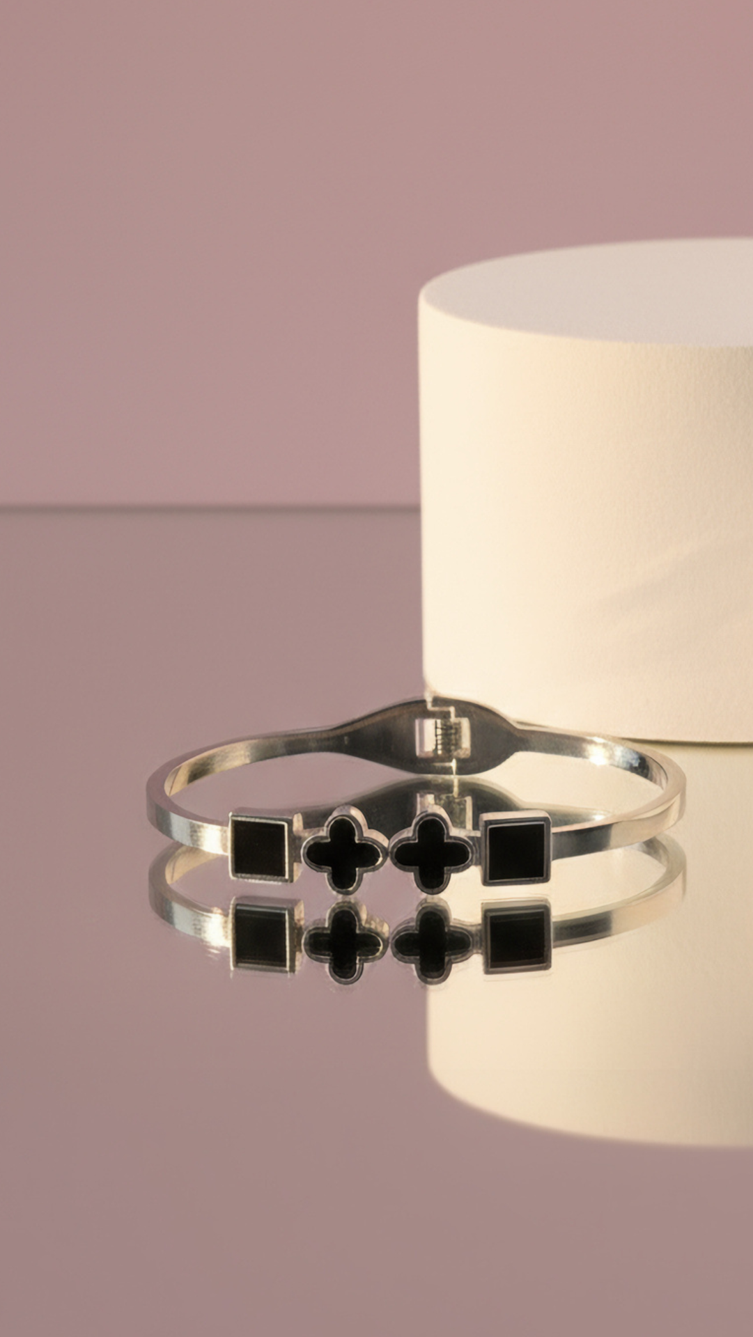 Waterproof Stainless Steel Black Clover & Squares Stacking Bangle