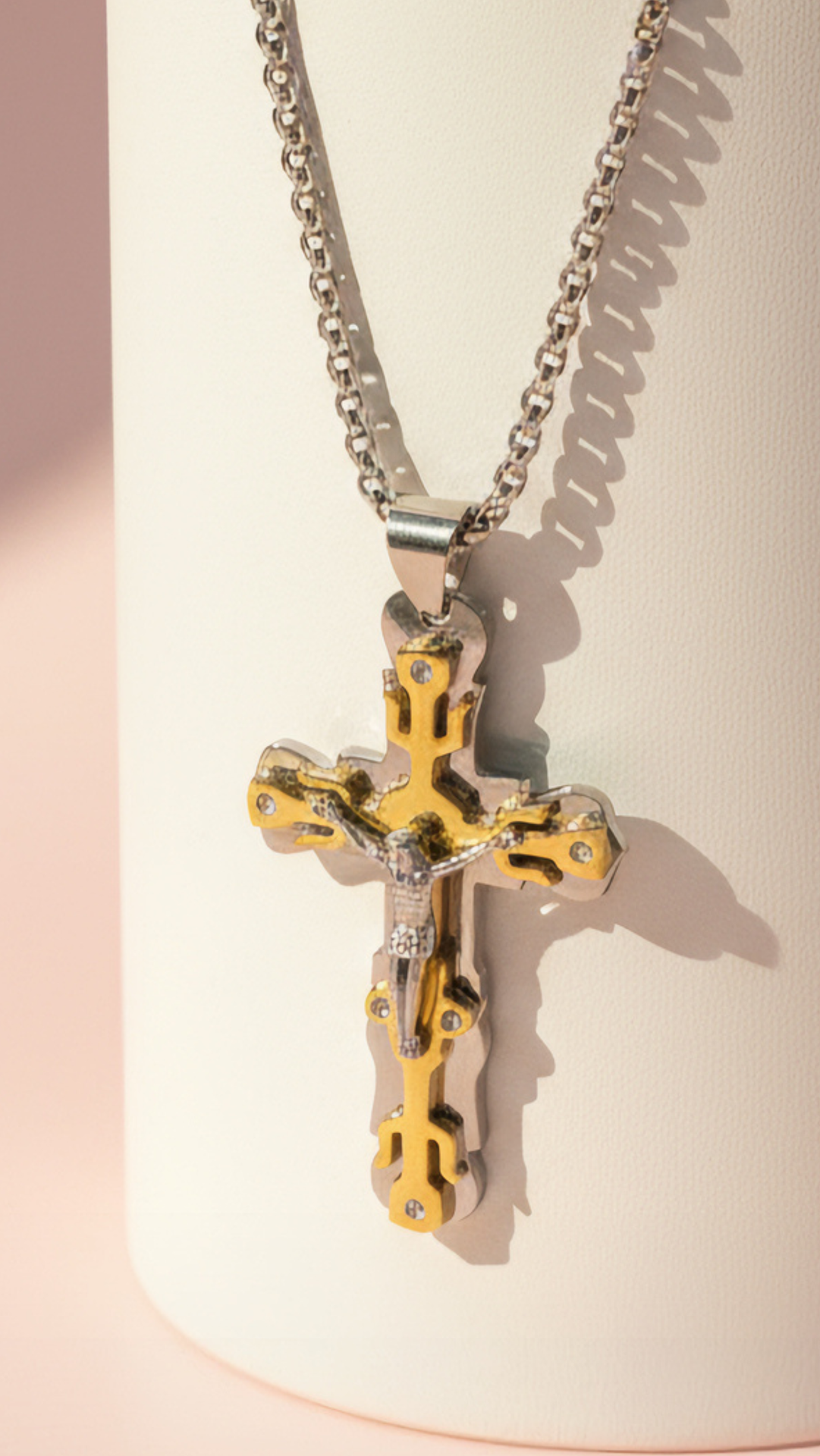Two Tone Layered Crystal Cross Necklace