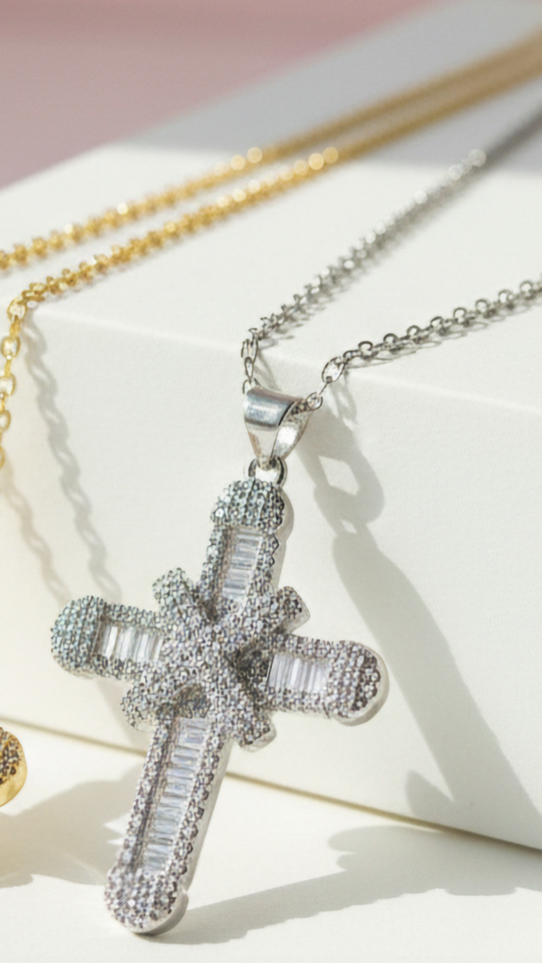 Baguette Cut Layered Cross Pendant Necklace