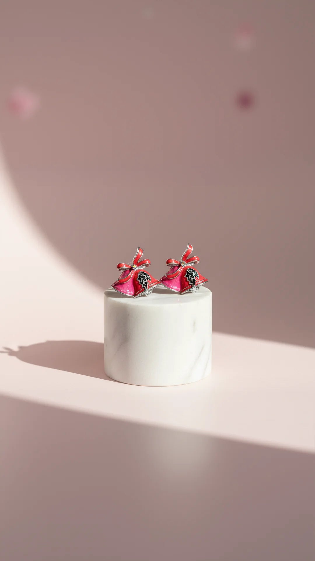 Pink Jingle Bells With Holly Crystal Stud Earrings