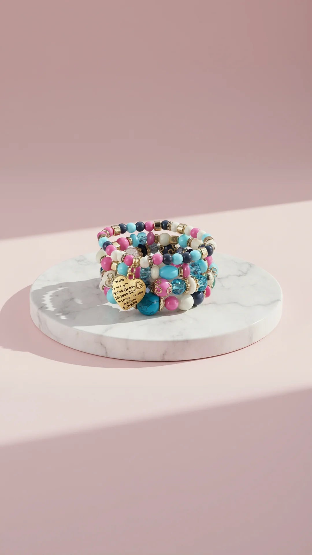 Heart Charm Ceramic Beaded Bracelet Set