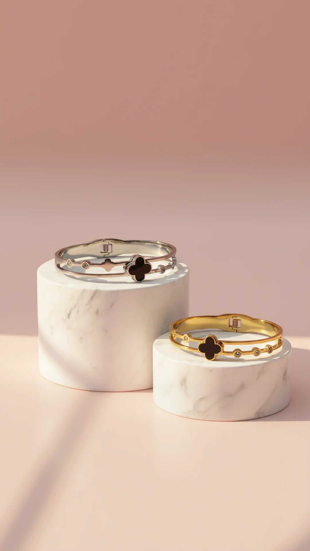 Stainless Steel Black Clover & Crystal Stacking Bangle