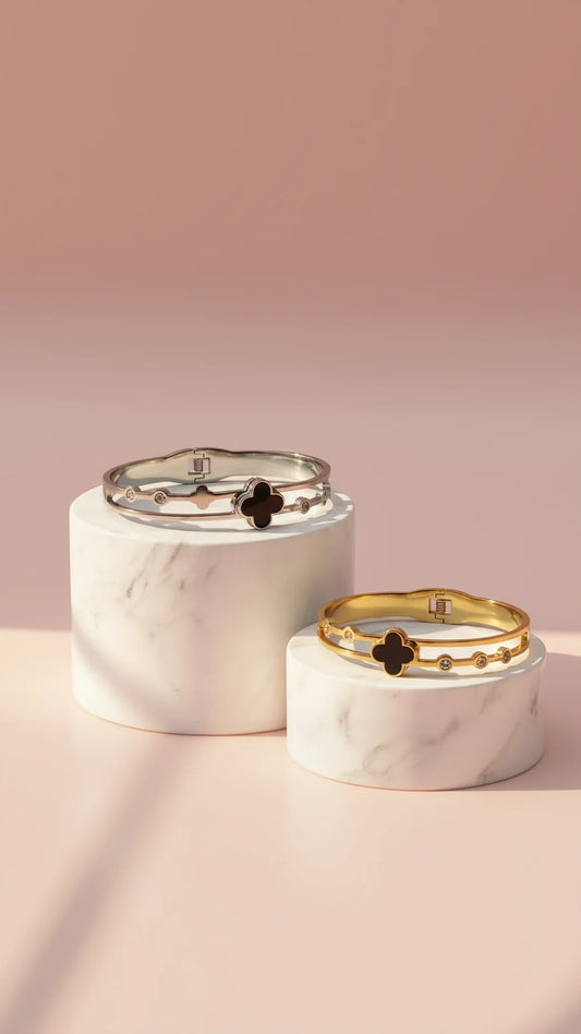 Waterproof Stainless Steel Black Clover & Crystal Stacking Bangle
