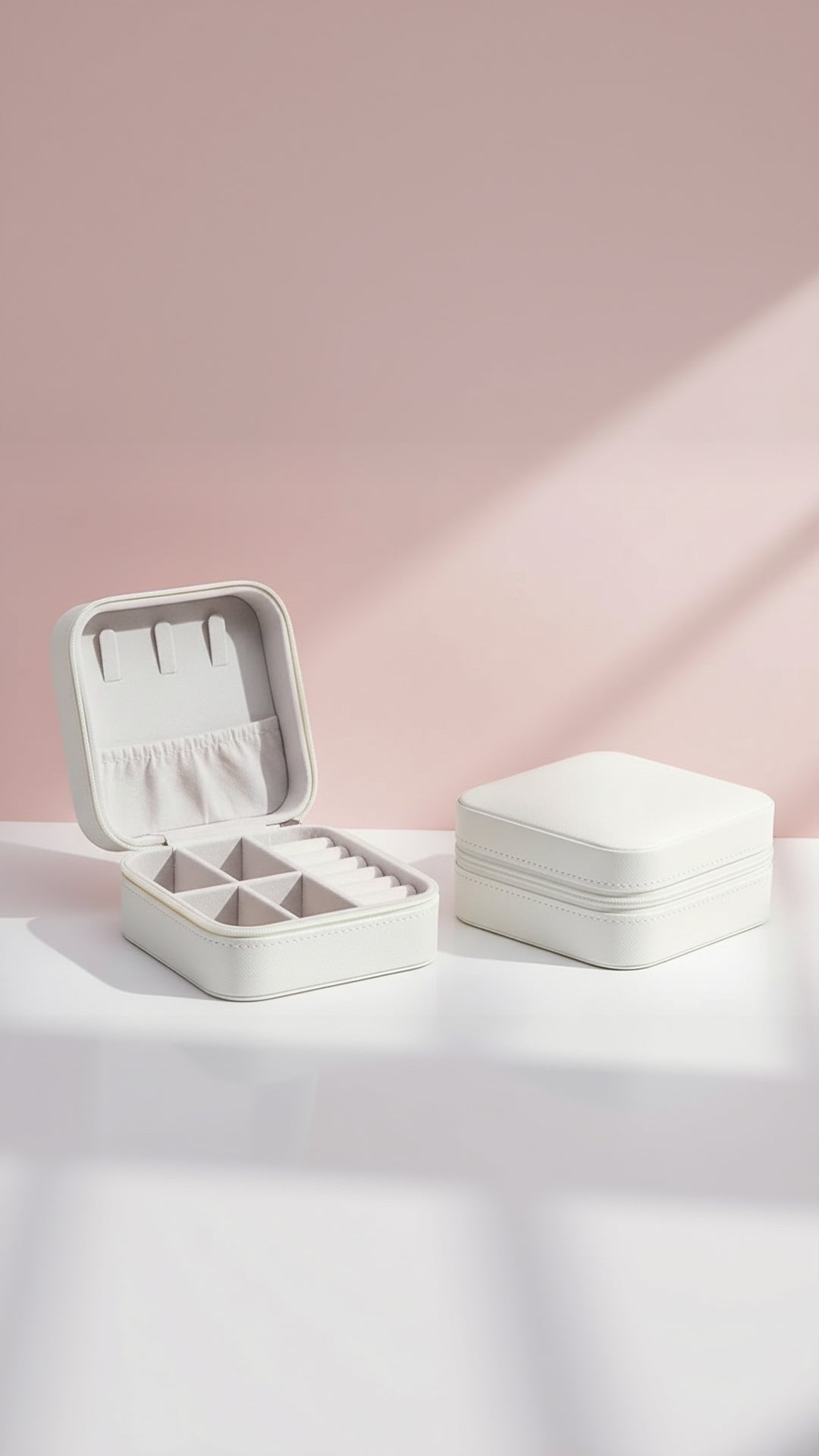 White jewelry case with compartments on a light pink background