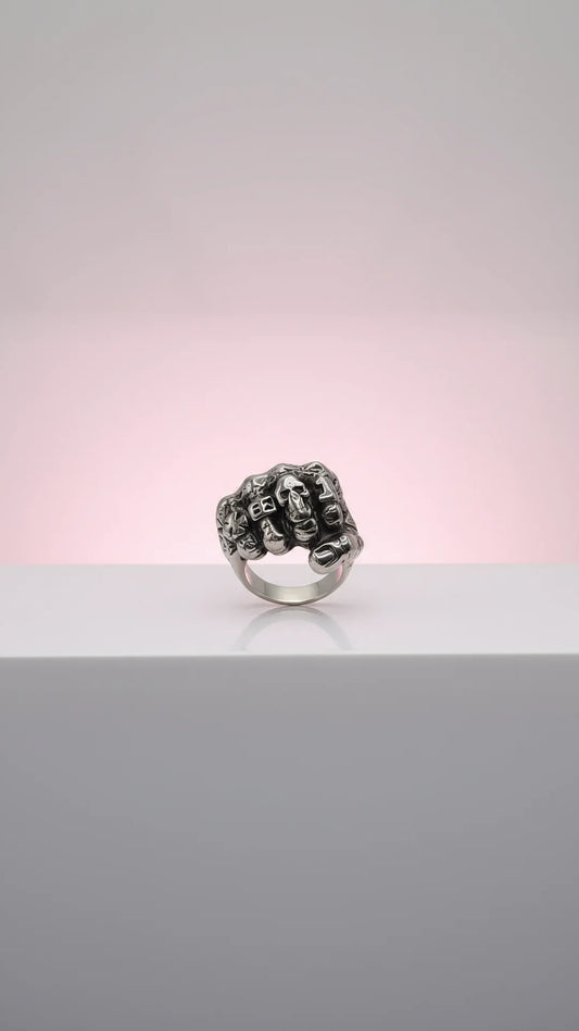 Stainless Steel Fist Of Skulls Men's Biker Ring
