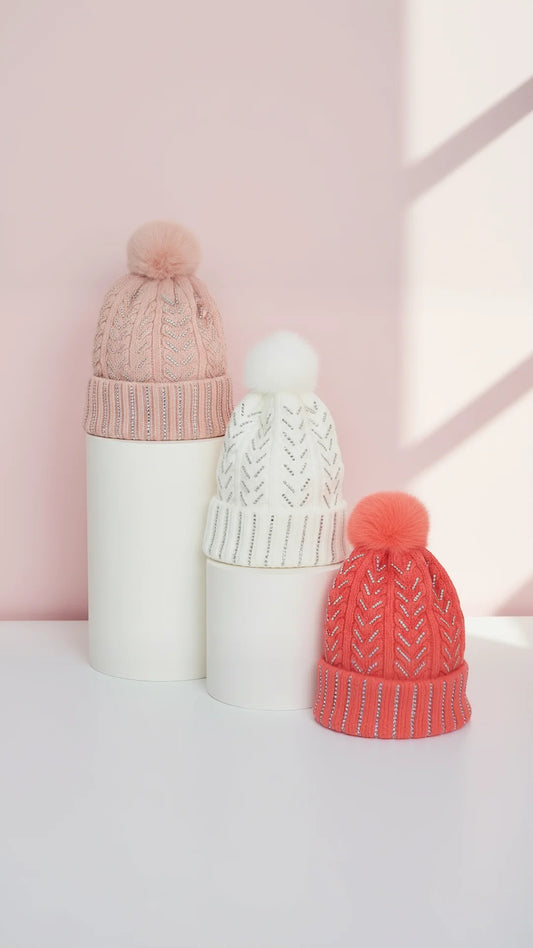 Sparkly Ribbed Knit Fluffy Bobble Hats Pack of 12