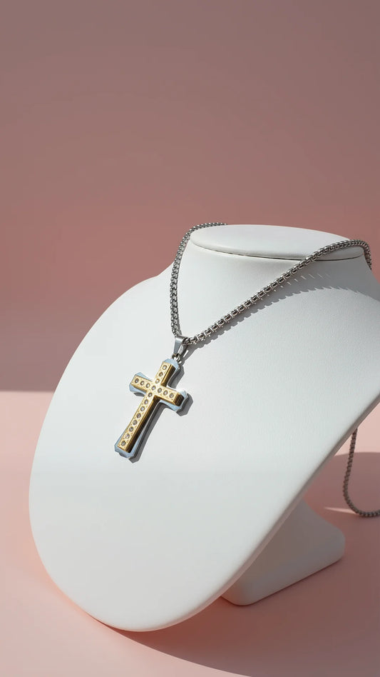 Gold Textured Crystal Cross Necklace