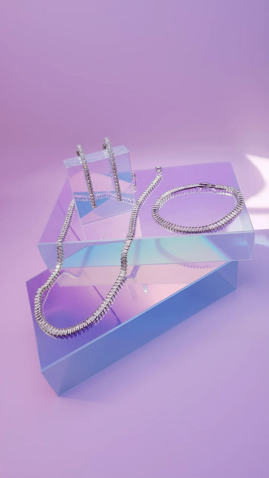 Mini Baguette Cut Crystal Necklace, Earrings & Bracelet Set
