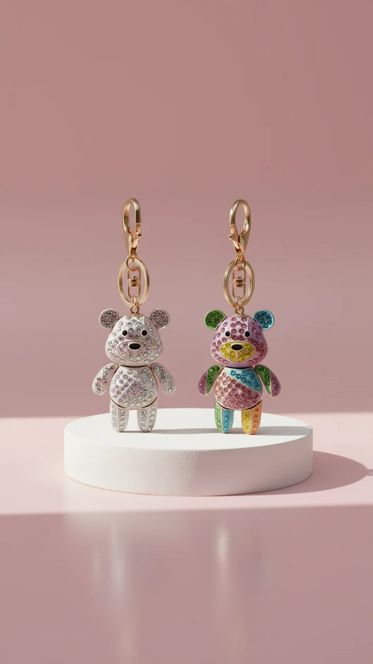 Patchwork Teddy Bear Crystal Key Ring & Bag Charm