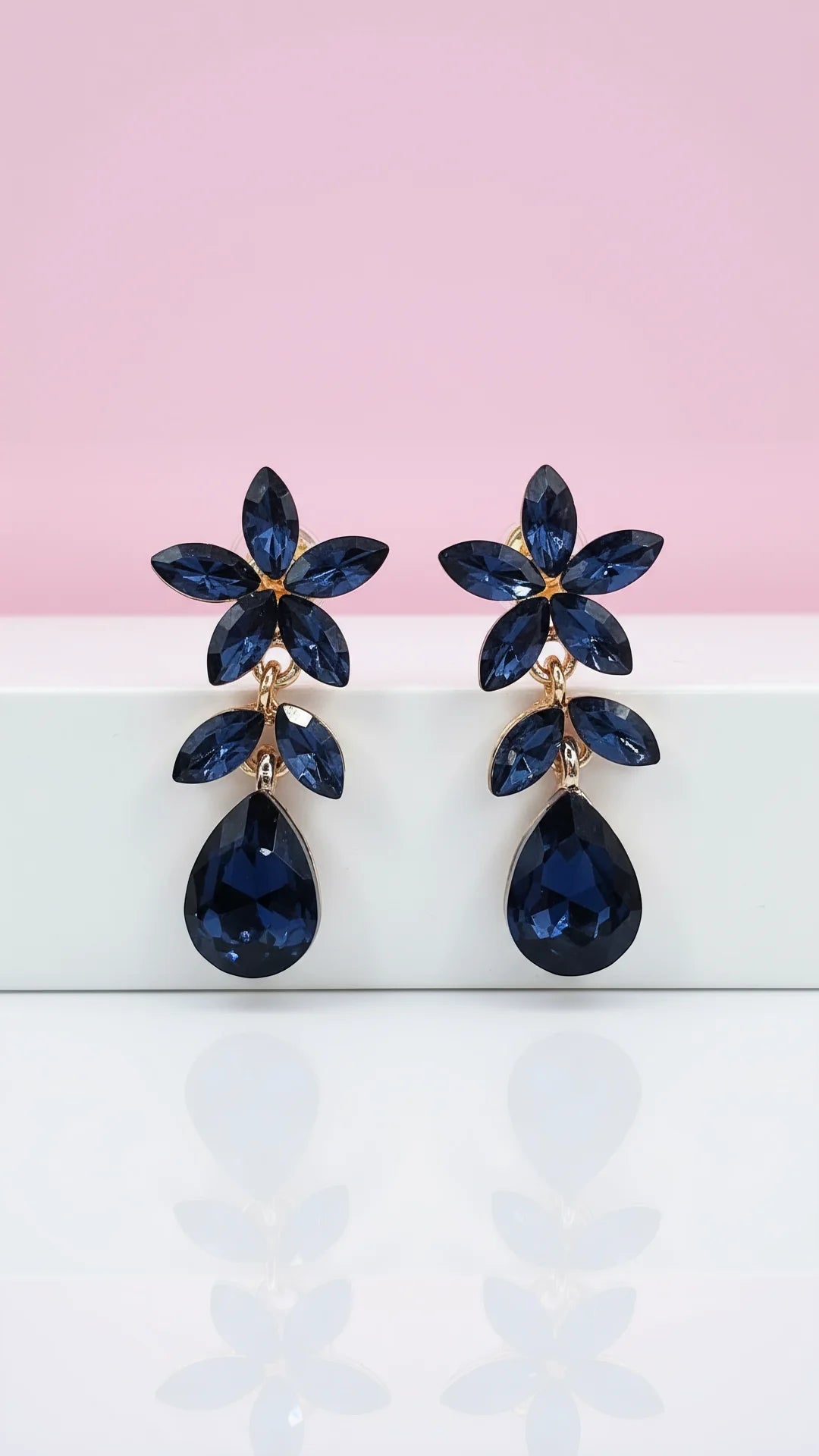 Navy Flower Crystal Drop and Dangle Earrings
