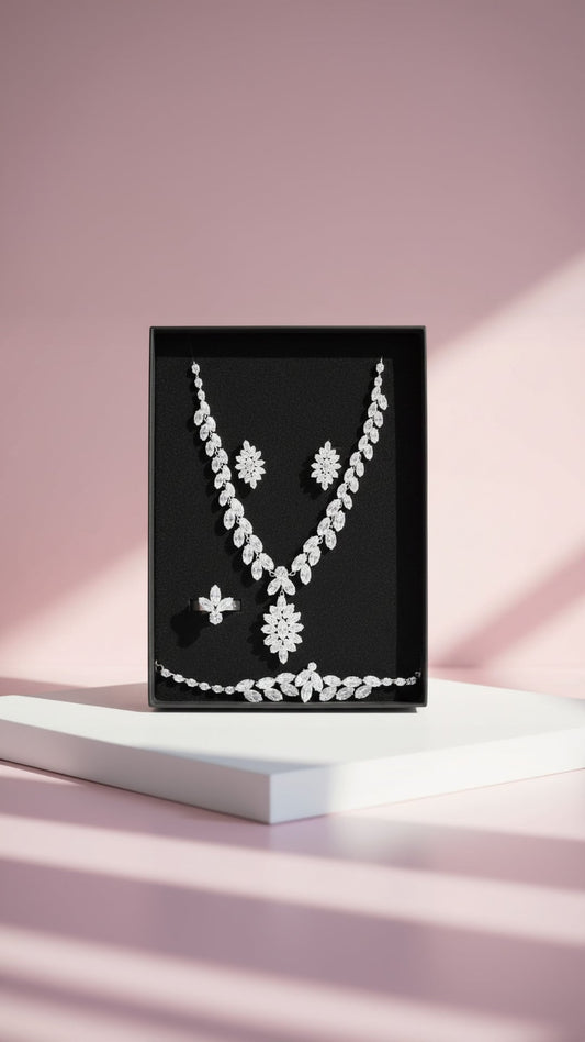 Crystal Necklace, Bracelet, Earrings & Ring Set With Gift Box