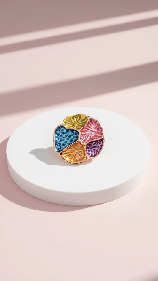 Colorful circular brooch on a white platform with a pink background