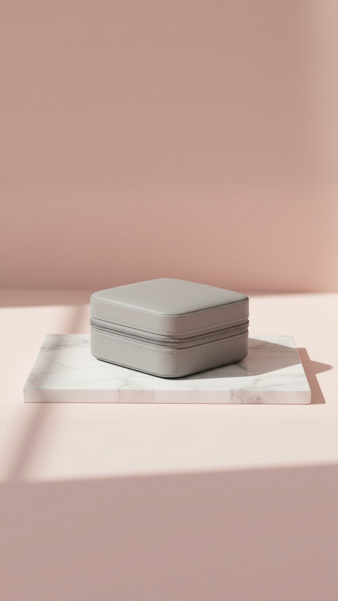 Light gray jewelry box on a white tray with a pink background