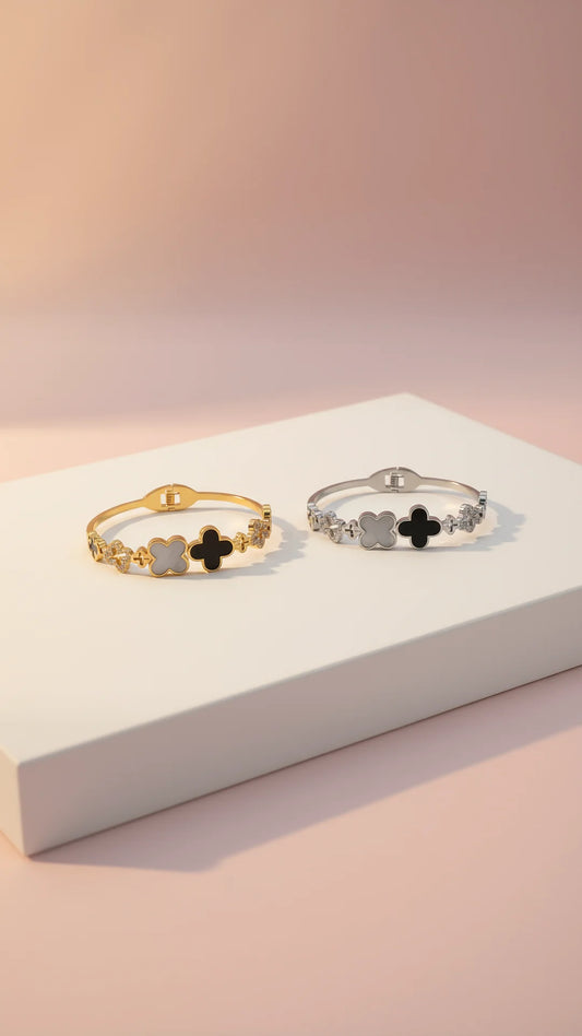 Waterproof Stainless Steel Black Clover Crystal Stacking Bangle
