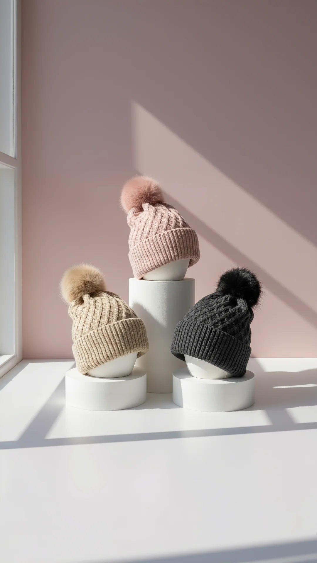 Cable Knit Fluffy Bobble Hats Pack of 12