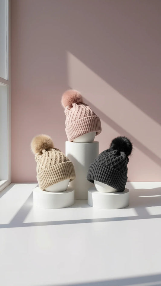 Cable Knit Fluffy Bobble Hats Pack of 12