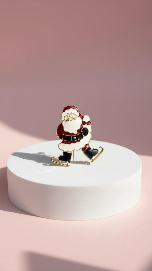 Ice Skating Santa Claus Festive Brooch