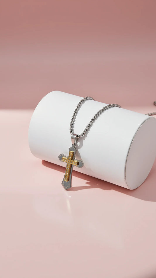 Two Tone Stainless Steel Crystal Cross Necklace