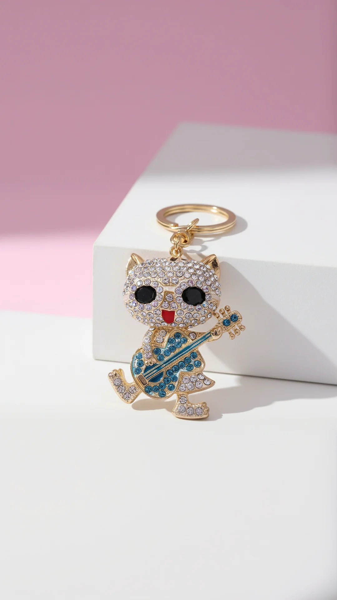 Dancing Guitar Cat Crystal Key Ring & Bag Charm
