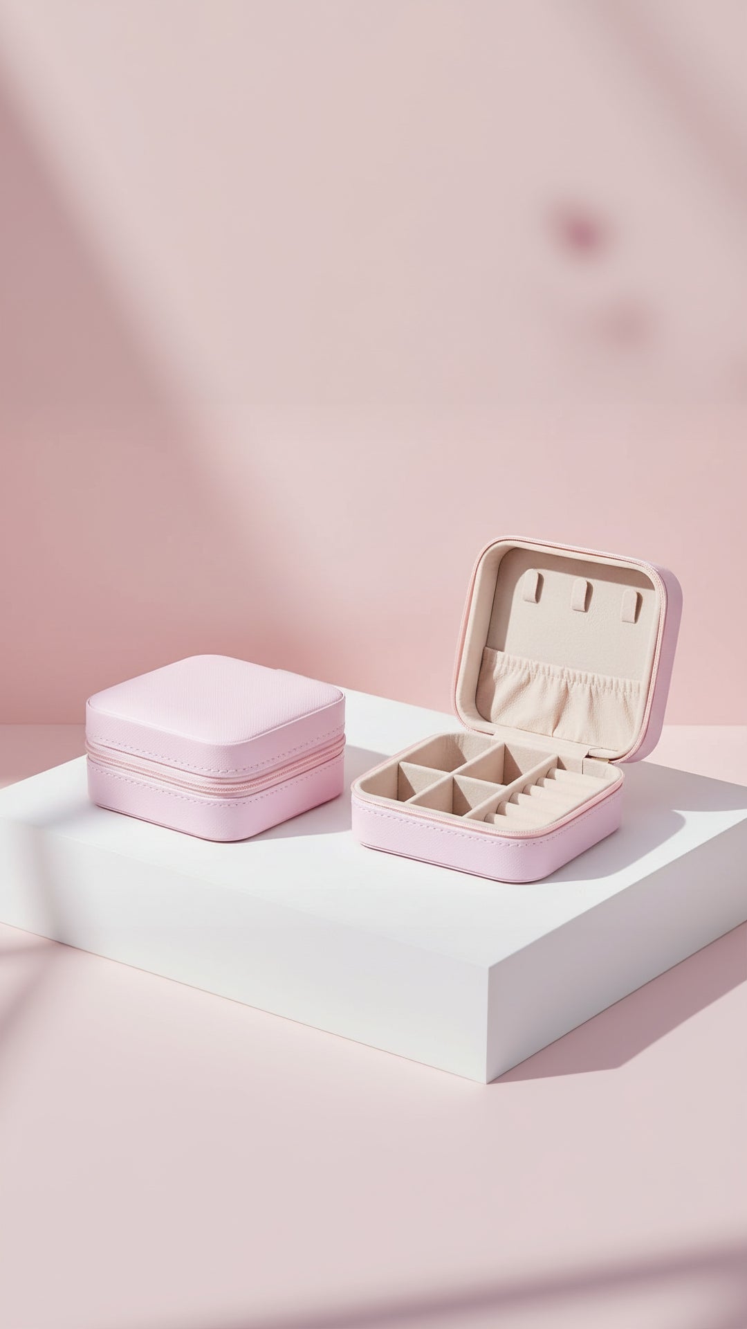 Pink jewelry box with open lid on a white platform against a pink background