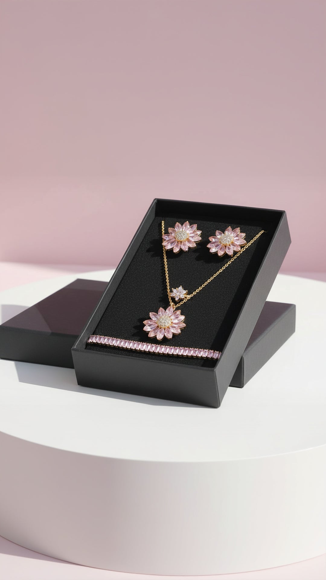 Crystal Flower Jewellery Set – Necklace, Earrings, Bracelet & Ring