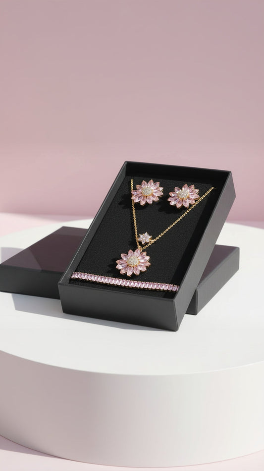 Crystal Flower Jewellery Set – Necklace, Earrings, Bracelet & Ring