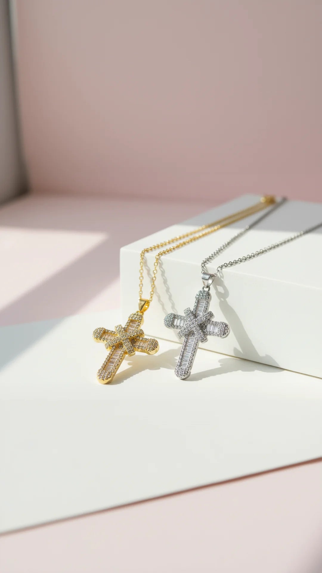 Baguette Cut Layered Cross Pendant Necklace