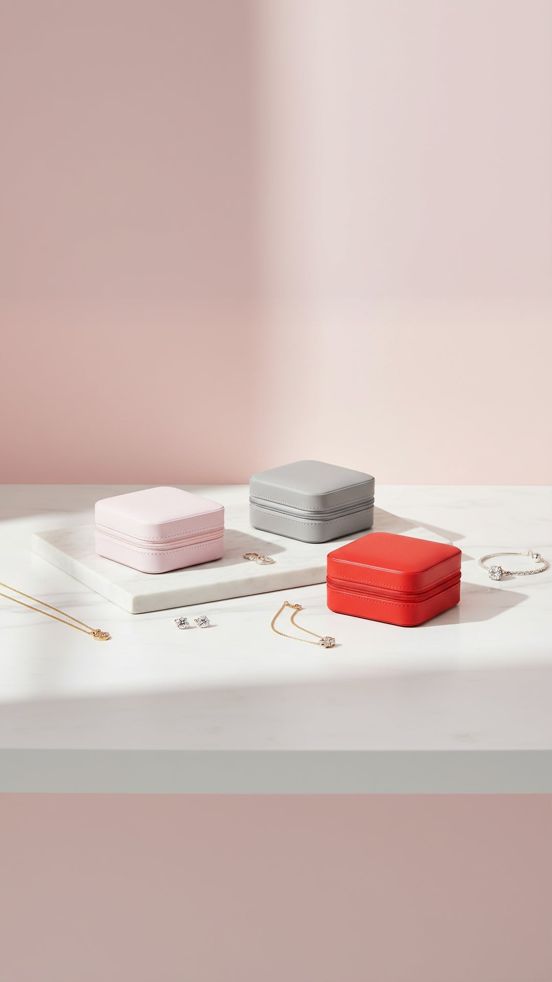 Three jewelry boxes in pink, gray, and red on a white surface with a pink background