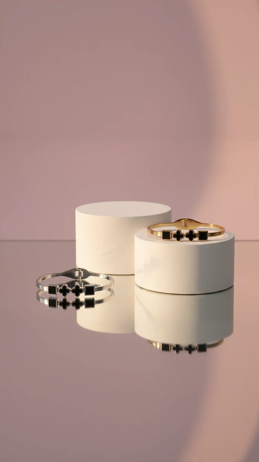 Waterproof Stainless Steel Black Clover & Squares Stacking Bangle