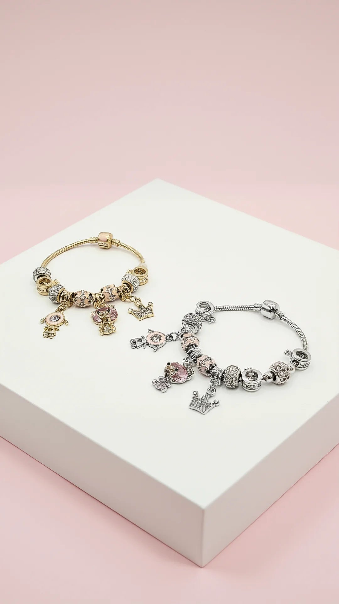 Pink Teddy Crystal Charm Beaded Bracelet