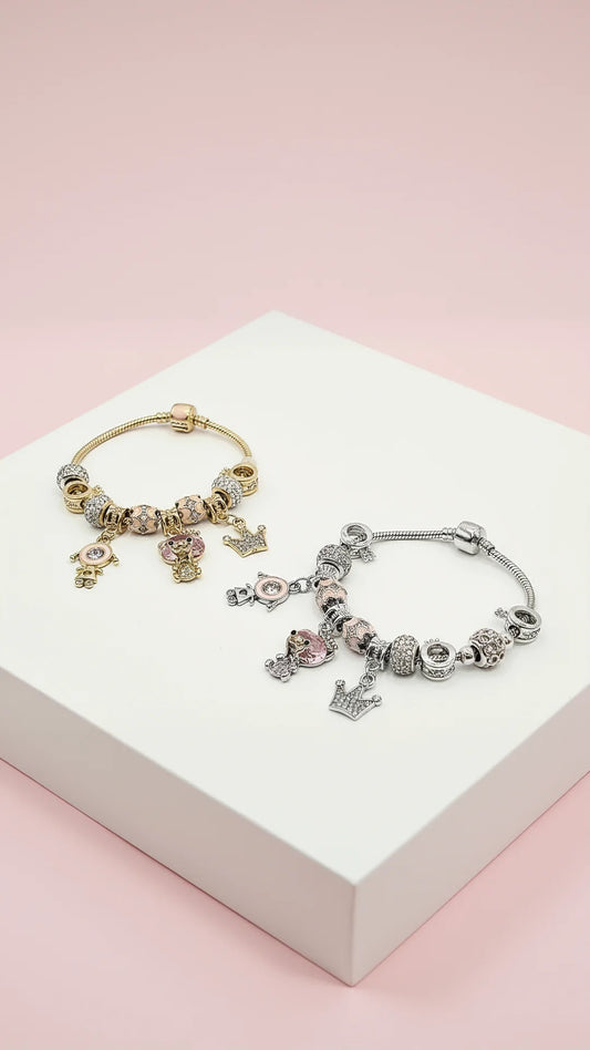 Pink Teddy Crystal Charm Beaded Bracelet