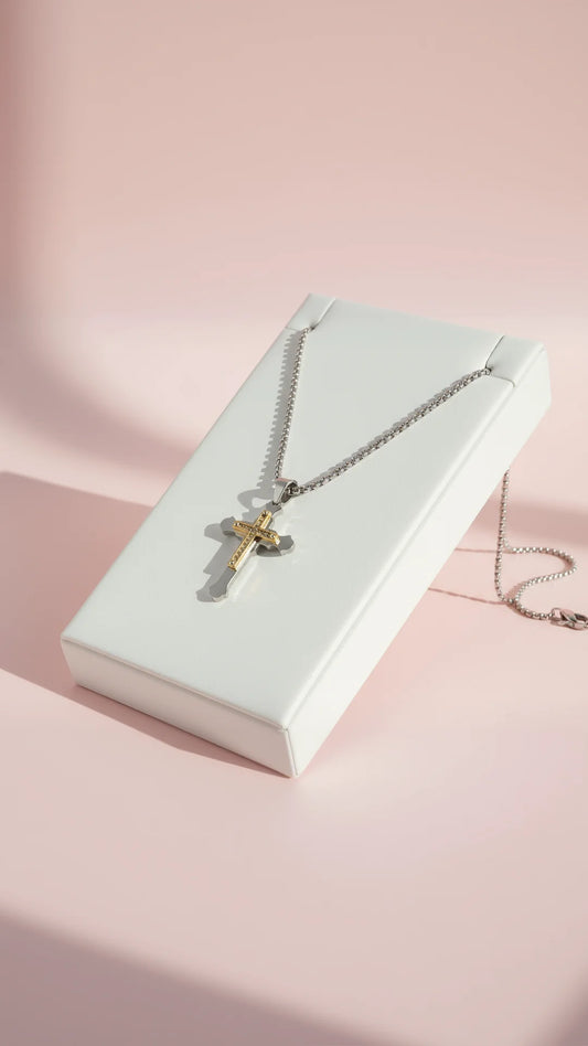 Layered Two Tone Stainless Steel Cross Necklace