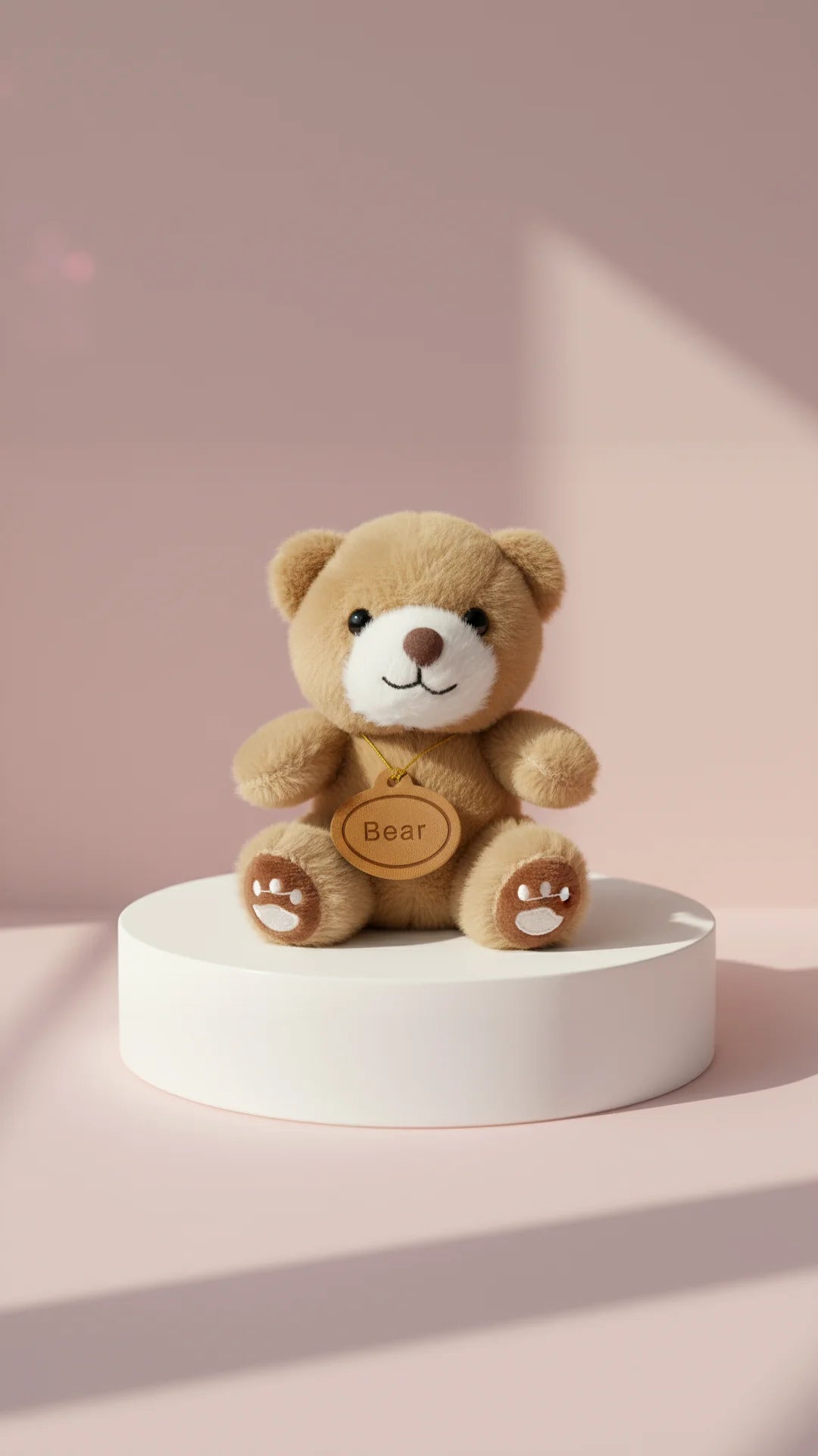 Brown teddy bear keychain on a white pedestal against a pink background