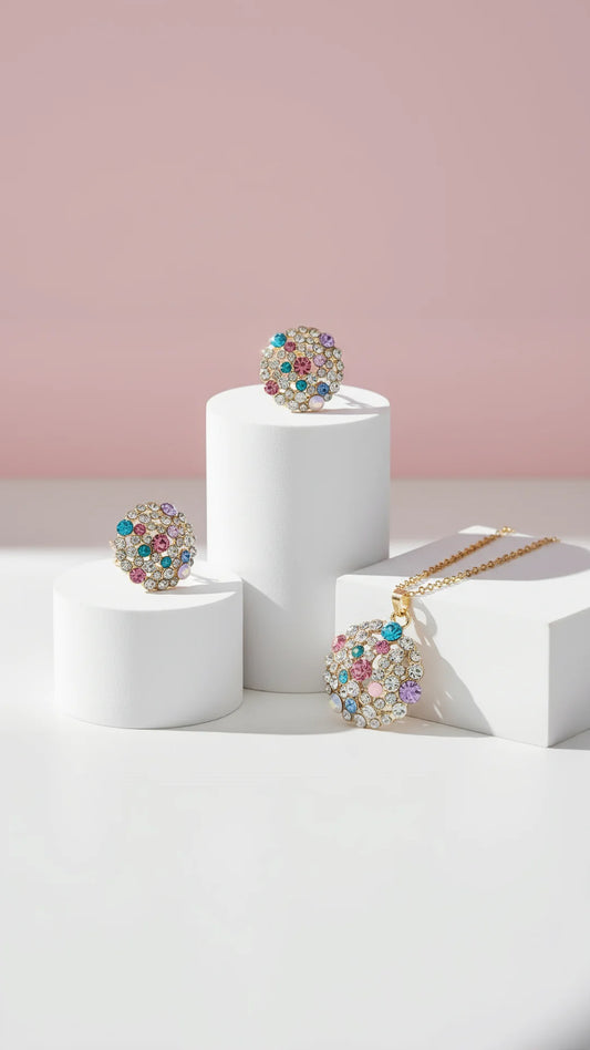 Cluster Rainbow Crystal Necklace & Earrings Set
