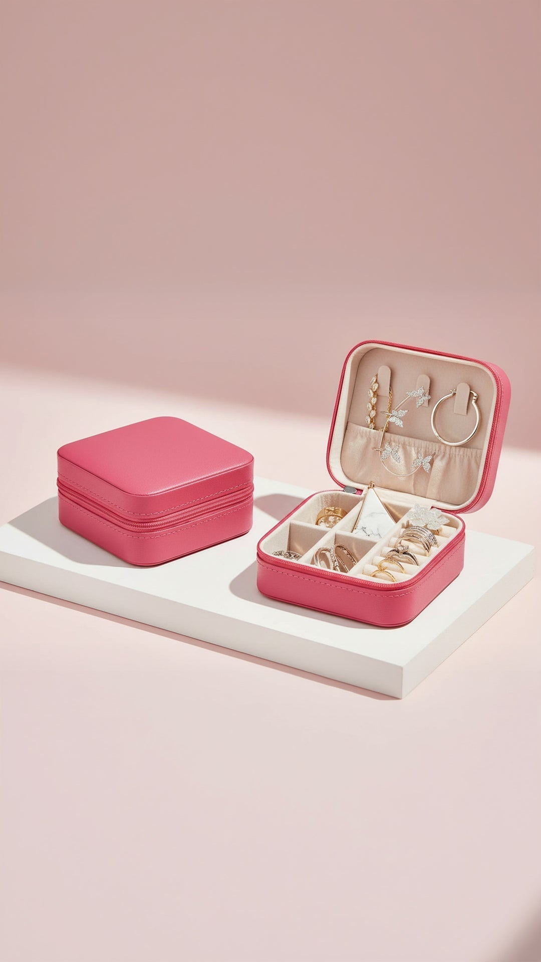 Hot pink jewelry case with compartments on a light pink background