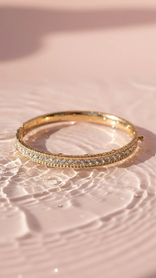 Round Cut Crystal Inlaid Stainless Steel Gold Plated Hinged Bangle