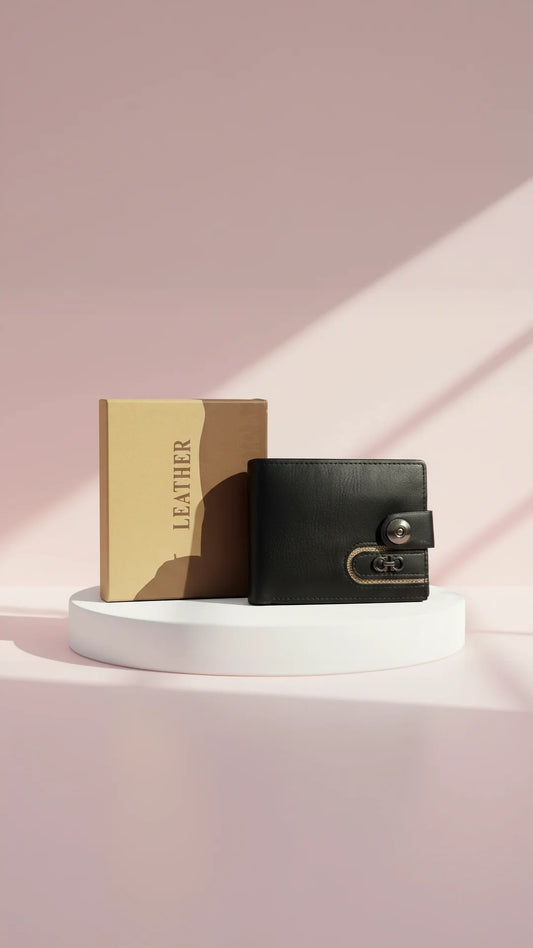 Black & Brown Leather Bifold Wallet With Gift Box