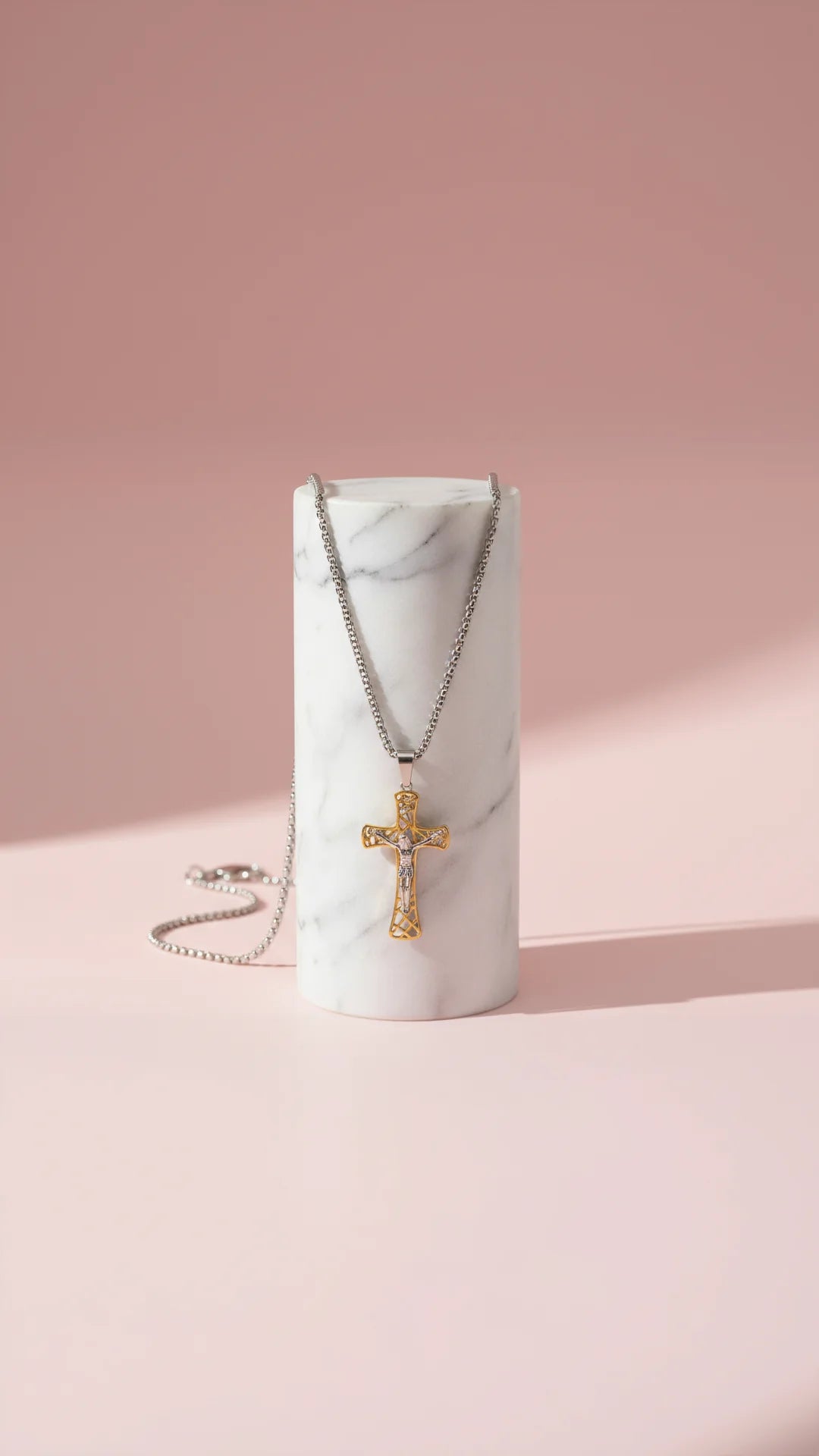 Waterproof Polished Lattice Stainless Steel Cross Pendant Necklace