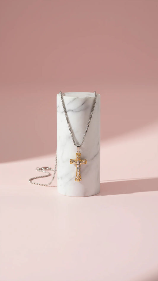 Waterproof Polished Lattice Stainless Steel Cross Pendant Necklace