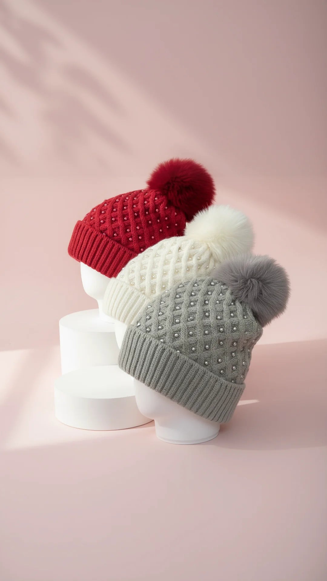 Pearl Ribbed Knit Fluffy Bobble Hats Pack of 12