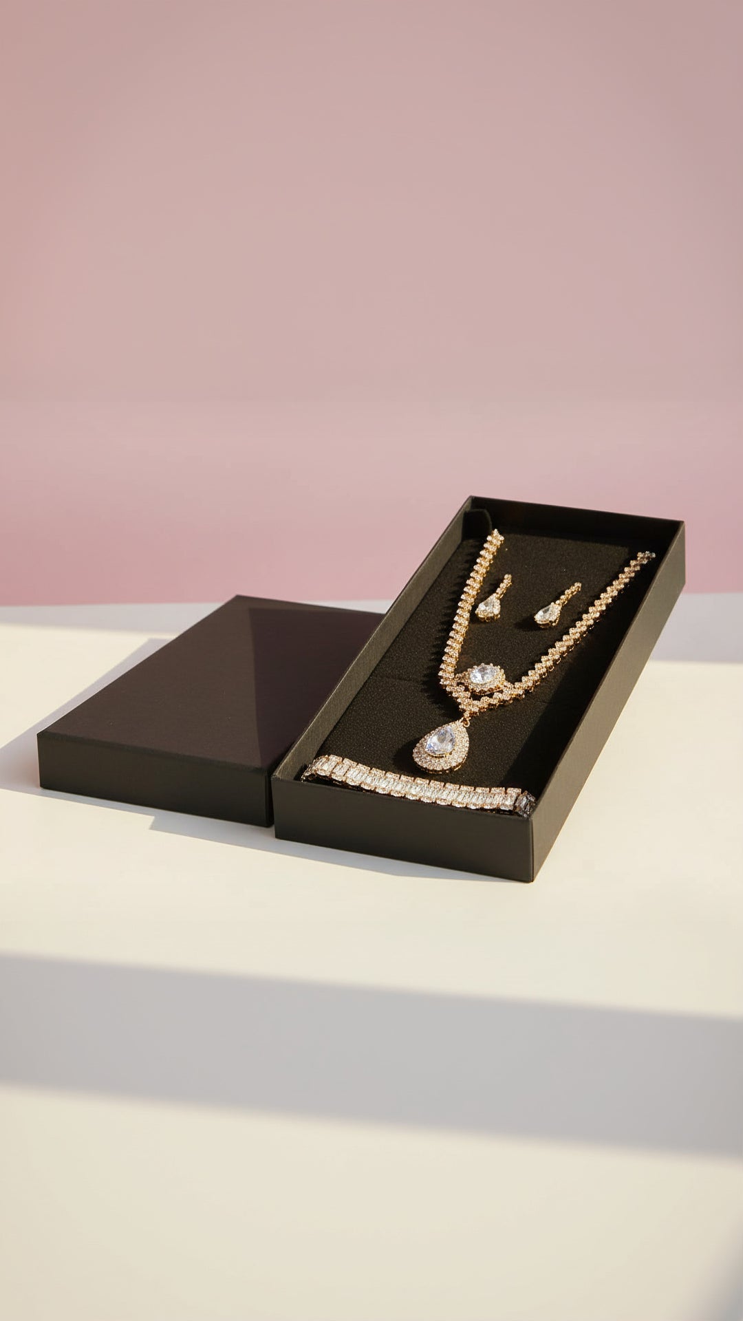 Sparkling Gold Crystal Necklace, Bracelet, Earrings & Ring Set With Gift Box