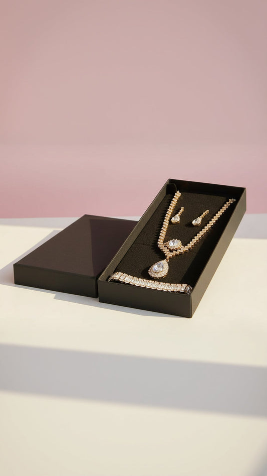 Sparkling Gold Crystal Necklace, Bracelet, Earrings & Ring Set With Gift Box
