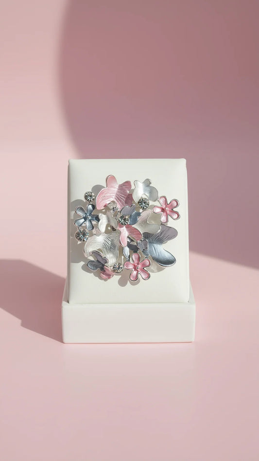 Butterfly With Flowers & Crystals Magnetic Brooch