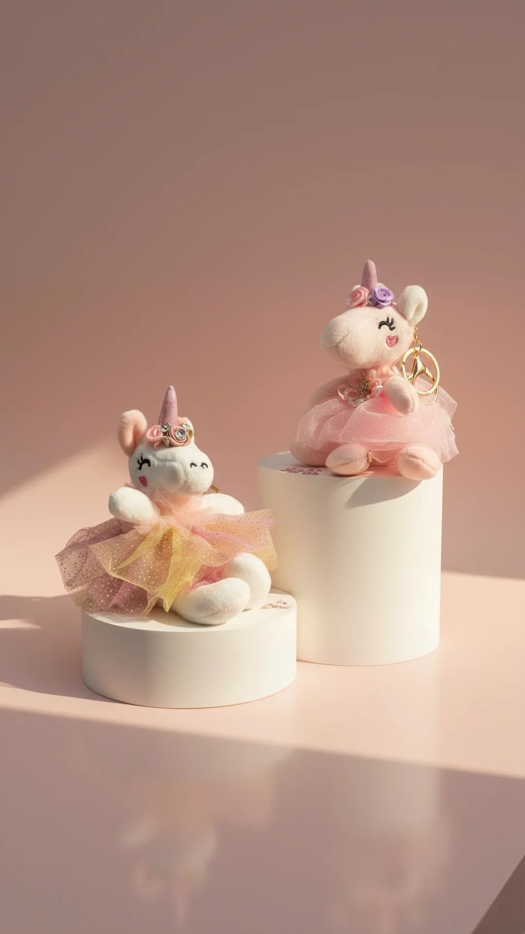Two small plush unicorn keychains resembling in tutus on white stands against a pink background 