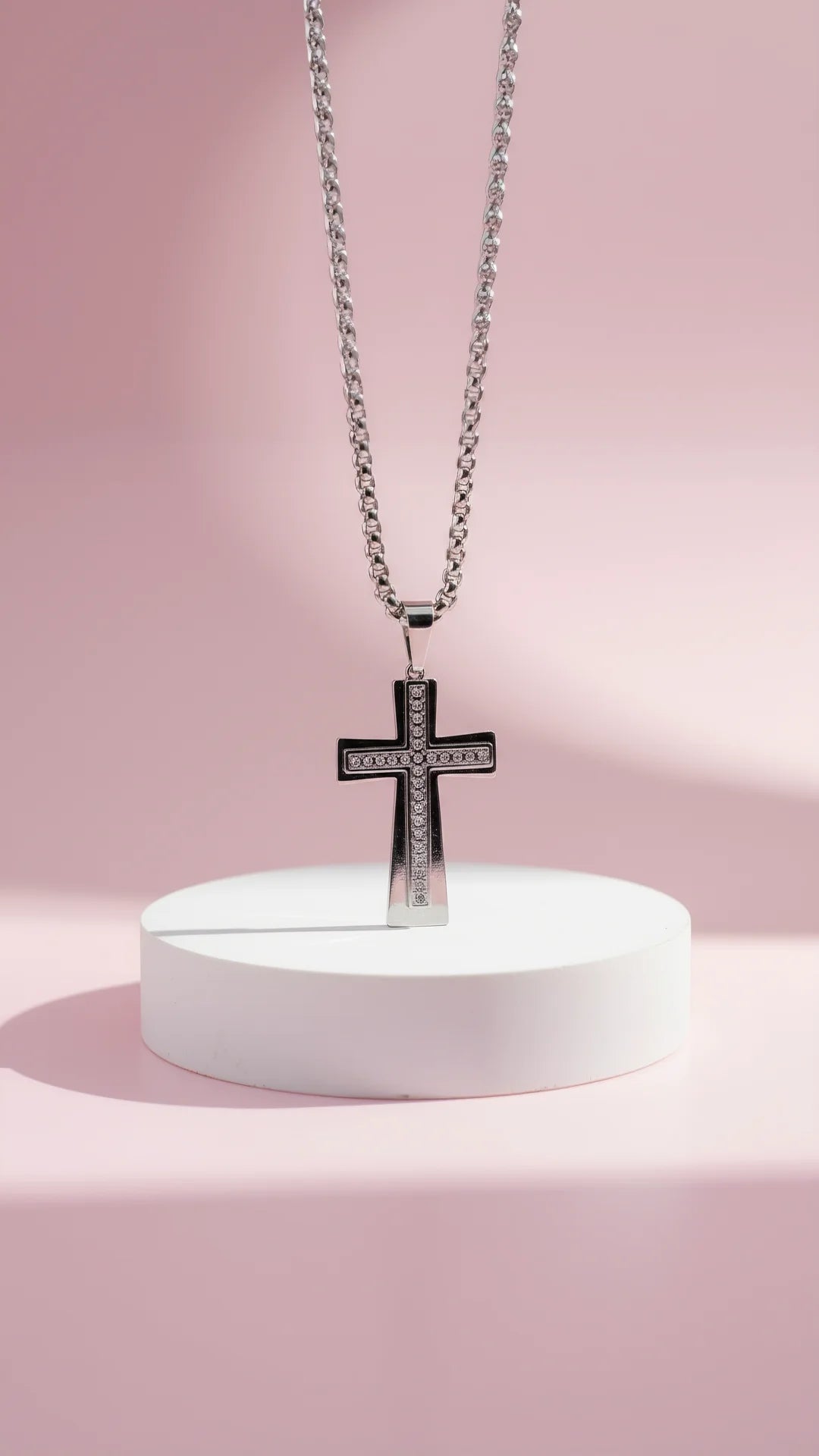 Round Cut Crystal Inlaid Silver Cross Necklace