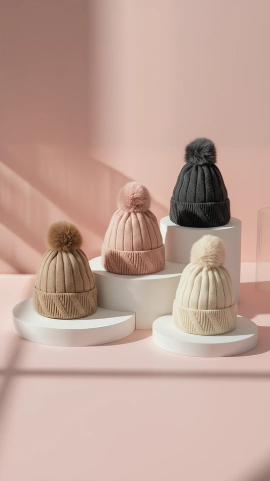 Cable Knit Fluffy Bobble Hats Pack of 12