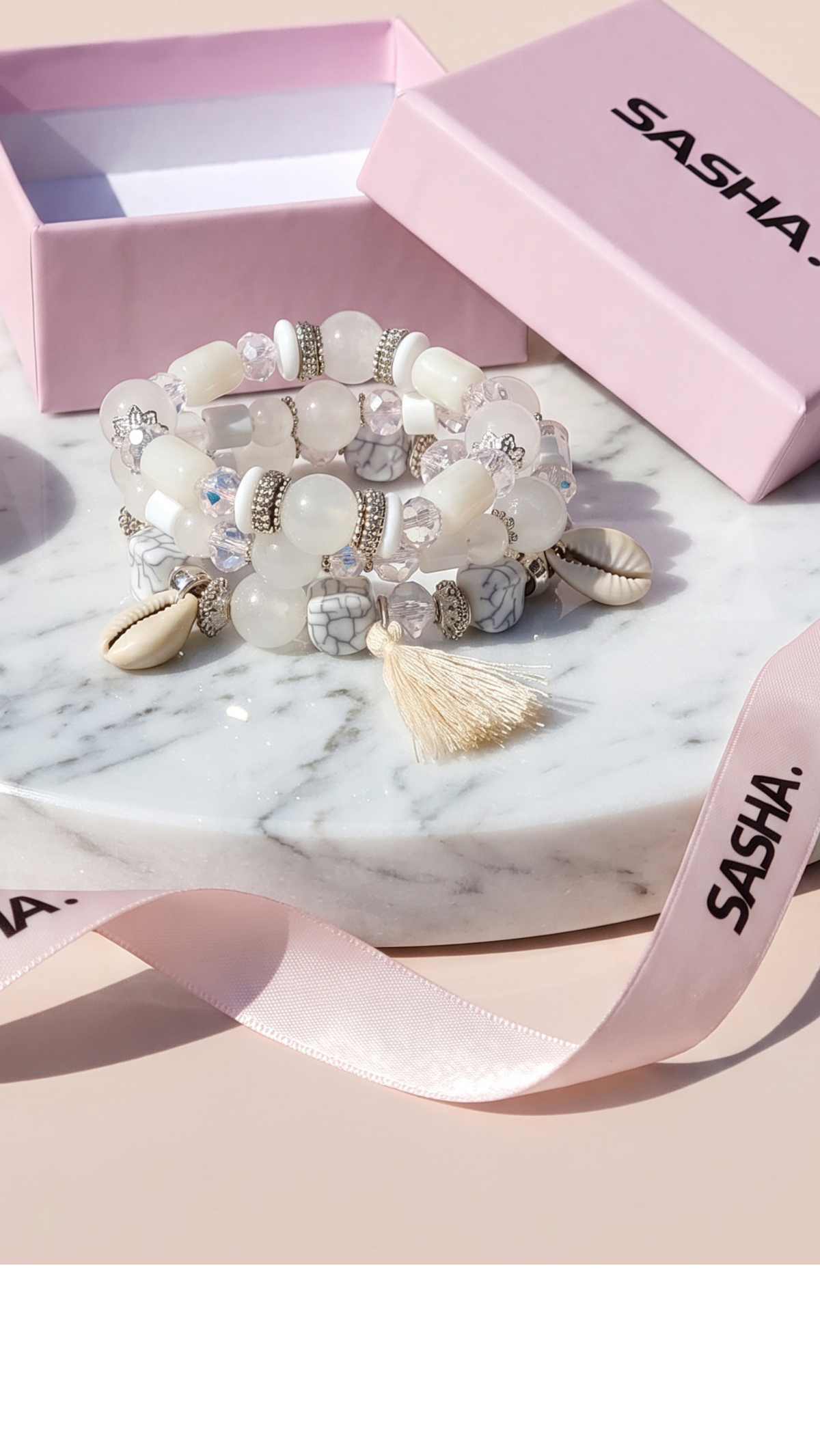 SASHA Shell & Tassel Charm Ceramic Beaded Bracelet Set