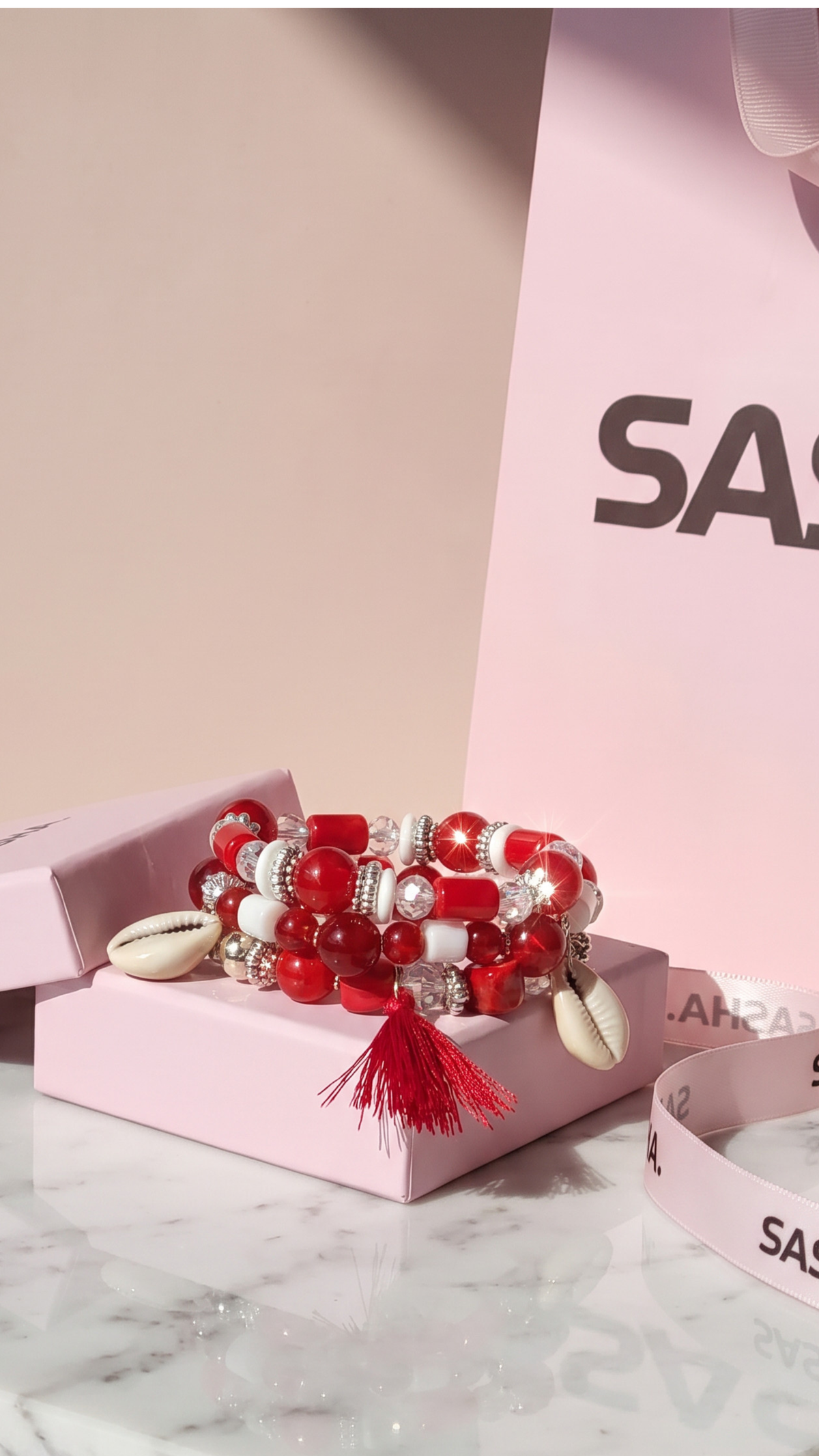 SASHA Shell & Tassel Charm Ceramic Beaded Bracelet Set